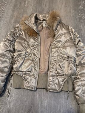 MaxMara Metallic Taupe-Silver Puffer Jacket with Faux Fur Trim
